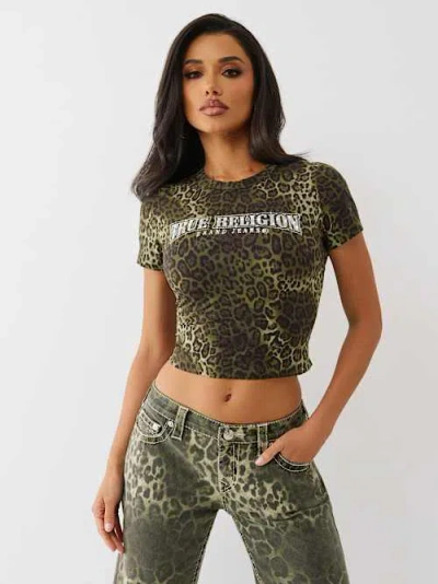 True Religion Women's Leopard Crystal Baby T-shirt In Green
