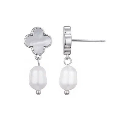 Adornia Silver Plated White Mother Of Pearl Clover And Freshwater Pearl Drop Earrings In Metallic