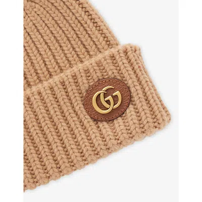 Gucci Womens Camel Double-g Ribbed Wool And Cashmere Beanie In Brown