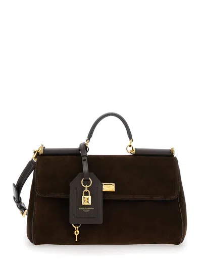 Dolce & Gabbana Brown Handbag With Key And Padlock Detail And Adjustable And Removable Shoulder Strap In Suede Woman In Brown