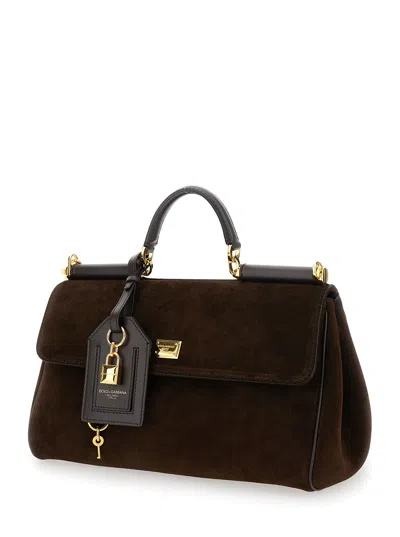 Dolce & Gabbana Brown Handbag With Key And Padlock Detail And Adjustable And Removable Shoulder Strap In Suede Woman In Brown