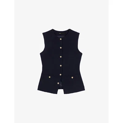 Maje Womens Navy Button-down Sleeveless Stretch-tweed Jacket In Blue