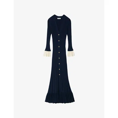 Sandro Womens V-neck Contrast-cuff Knitted Midi Dress Navy Blue In Blue