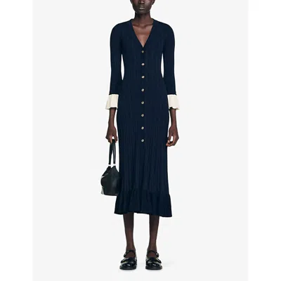 Sandro Womens V-neck Contrast-cuff Knitted Midi Dress Navy Blue In Blue
