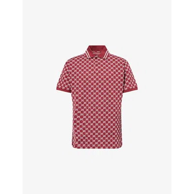 Gucci Men Red Polo Shirt With Striped Classic Collar In Gg Jacquard Cotton Man In Red
