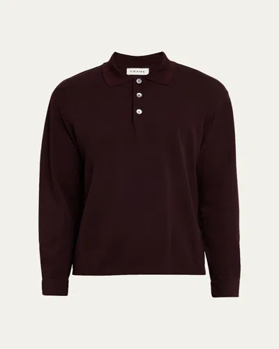 Frame Pique Regular Fit Long Sleeve Polo Shirt In Burgundy