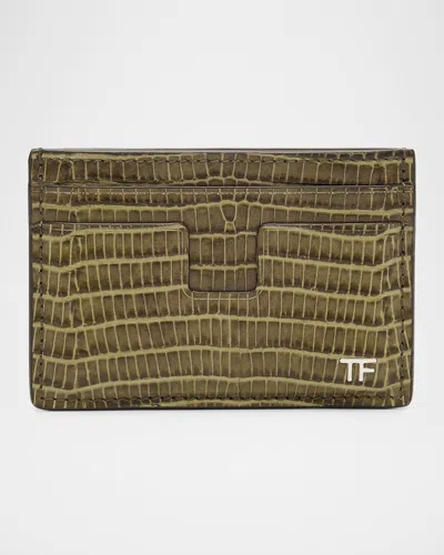 Tom Ford Crocodile-embossed Calf Leather Card Wallet In Gray