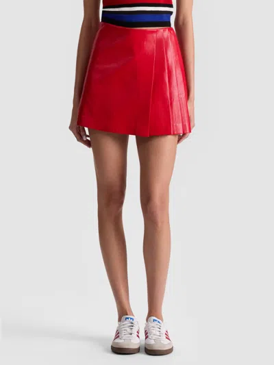 Alice And Olivia Toni Vegan Leather Asymmetrical Pleated Skirt Perfect Ruby In Red