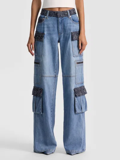 Alice And Olivia Cay Mid Rise Baggy Cargo Jeans In Celine Vintage In Blue