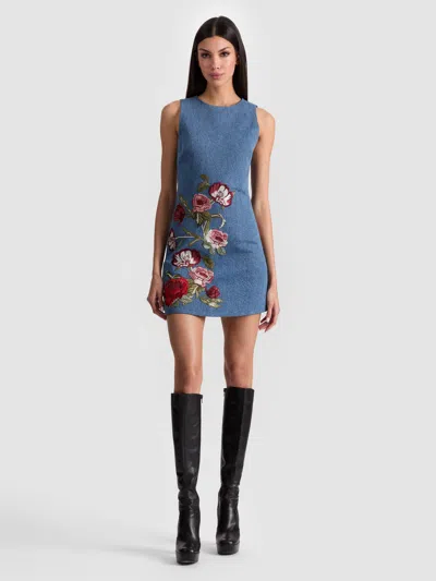 Alice And Olivia Cade Embroidered Sleeveless Denim Mini Shift Dress In Blue