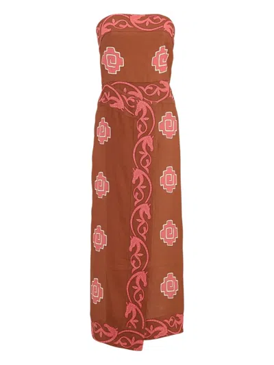 Johanna Ortiz Ancient Strapless Wrap-effect Printed Linen Midi Dress In Brown