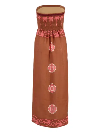 Johanna Ortiz Ancient Strapless Wrap-effect Printed Linen Midi Dress In Brown