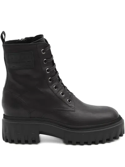 Hogan H700 Chunky Biker Boots In Leather In Black