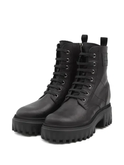 Hogan H700 Chunky Biker Boots In Leather In Black