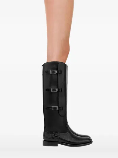 Paris Texas Montana Buckle Boot Low Heels Boots In Black Leather In Animal Print