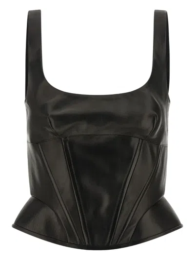 Ermanno Scervino Square Neckline Leather Top With Panel Detailing In Black