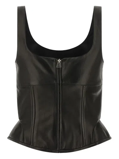 Ermanno Scervino Square Neckline Leather Top With Panel Detailing In Black