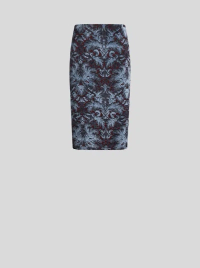 Etro Damask-pattern Velvet Midi Skirt In Blue