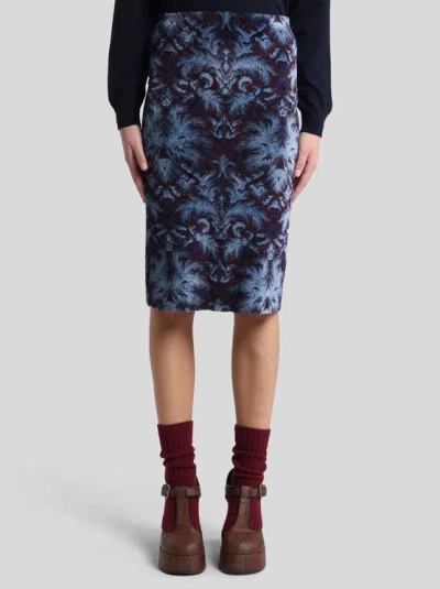 Etro Damask-pattern Velvet Midi Skirt In Blue