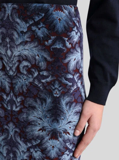 Etro Damask-pattern Velvet Midi Skirt In Blue