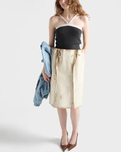 Prada Abstract Print Drawstring Waist Front Slit Skirt In White