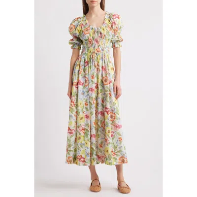Doen Ischia Shirred Floral-print Cotton-voile Midi Dress In Multi