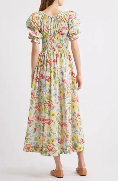 Doen Ischia Shirred Floral-print Cotton-voile Midi Dress In Multi