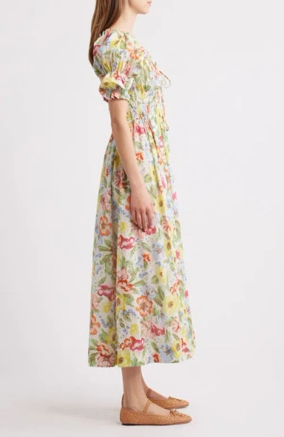 Doen Ischia Shirred Floral-print Cotton-voile Midi Dress In Multi