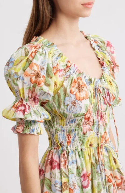 Doen Ischia Shirred Floral-print Cotton-voile Midi Dress In Multi