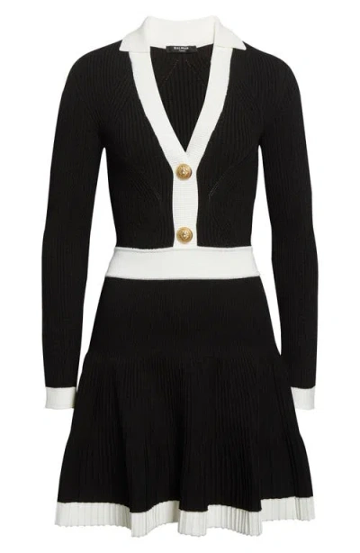 Balmain Long Sleeves V-neck Flare Knit Dress In Black