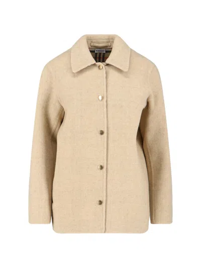 Burberry Collared Neck Jacket Side Pockets Long Sleeves In Sand