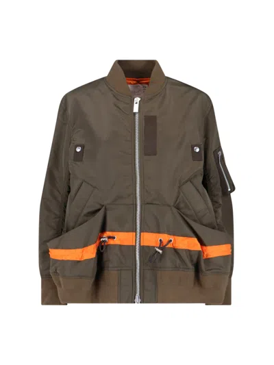 Sacai Short Jacket With Khaki Base And Orange Stripe Detail In Gray