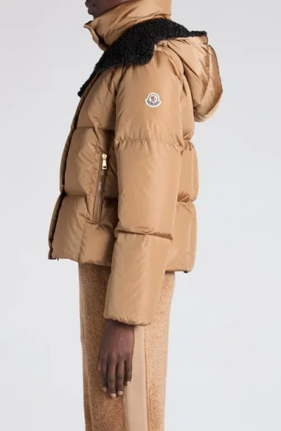 Moncler Piumino Corto Castelnou Con Cappuccio In Pile E Trapuntatura A Quadri In Brown