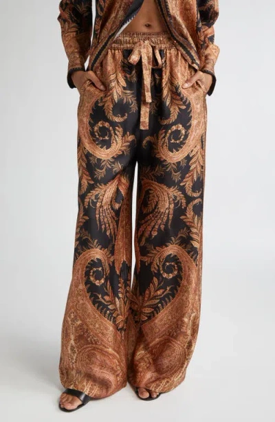 Zimmermann Wide-leg Trousers With Intricate Baroque Print And Adjustable Waistband In Brown