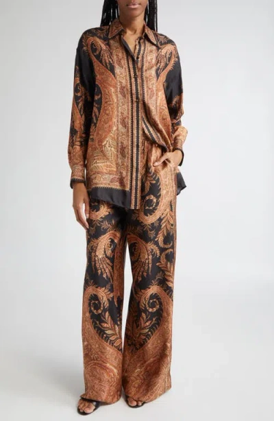 Zimmermann Wide-leg Trousers With Intricate Baroque Print And Adjustable Waistband In Brown
