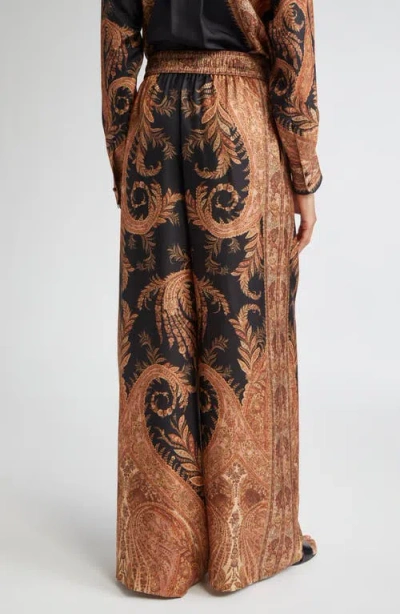 Zimmermann Wide-leg Trousers With Intricate Baroque Print And Adjustable Waistband In Brown