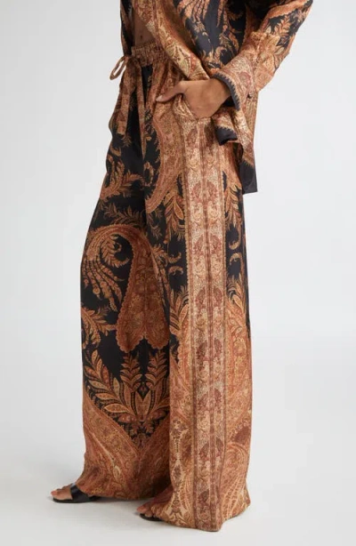 Zimmermann Wide-leg Trousers With Intricate Baroque Print And Adjustable Waistband In Brown