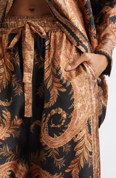 Zimmermann Wide-leg Trousers With Intricate Baroque Print And Adjustable Waistband In Brown