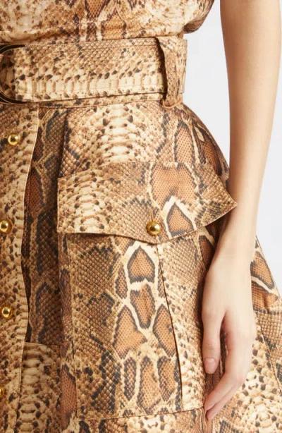 Zimmermann Midi Skirt With Animal Print And Belt In Brown