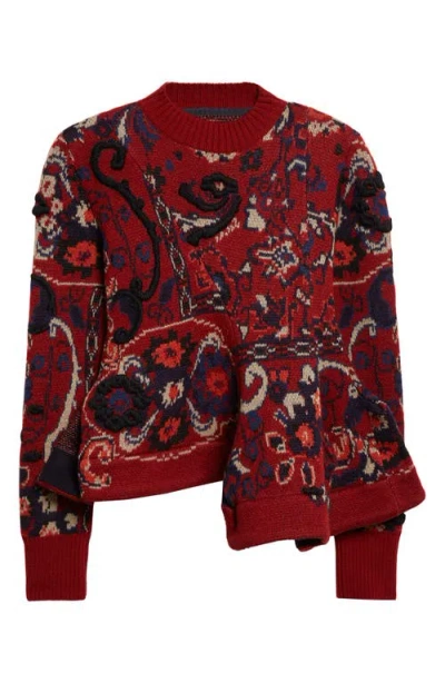 Sacai Womens Bordeaux Floral Wavy-hem Wool Jumper In Red