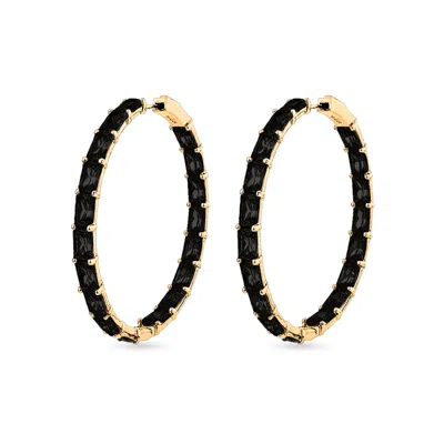 Sally Skoufis Women's Black / Gold Inspired Hoop Earrings With Man Made Black Cz Diamond Stimulant In 18k Gold Ver In Multi