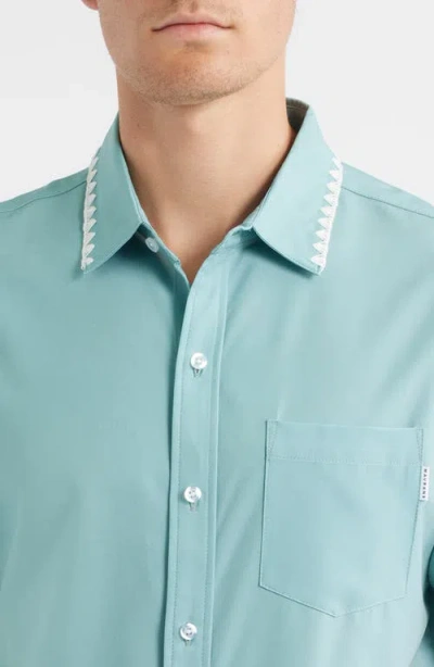 Mavrans Crochet Trim Short Sleeve Performance Button-up Shirt In Blue