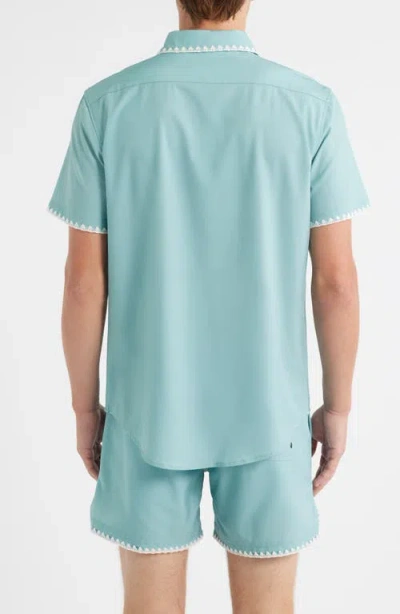 Mavrans Crochet Trim Short Sleeve Performance Button-up Shirt In Blue