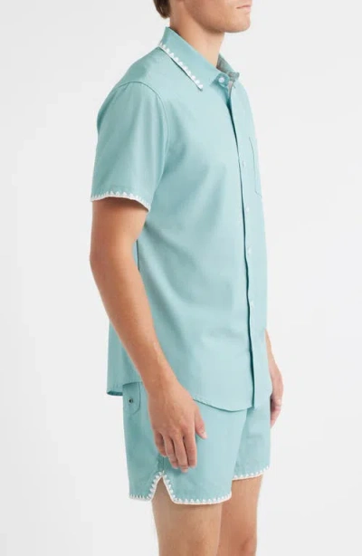 Mavrans Crochet Trim Short Sleeve Performance Button-up Shirt In Blue