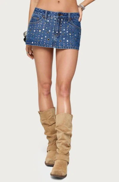 Edikted Studded Grommet Low Rise Denim Miniskort In Blue