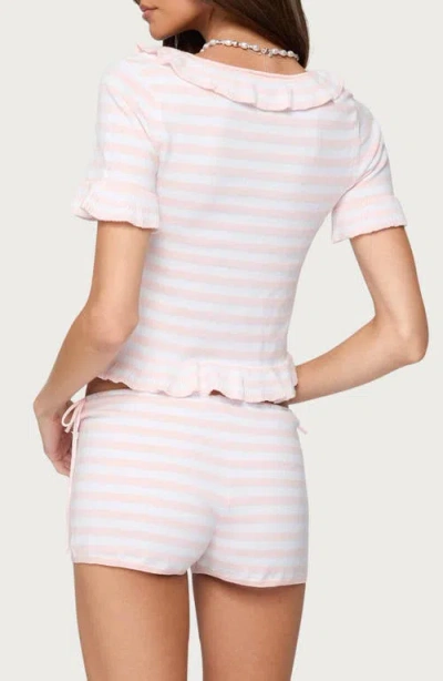 Edikted Janelle Stripe Ruffle Crop Tie Front Top In Pink