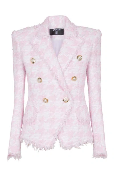 Balmain 6-buttons Houndstooth Tweed Fitted Jacket In Pink