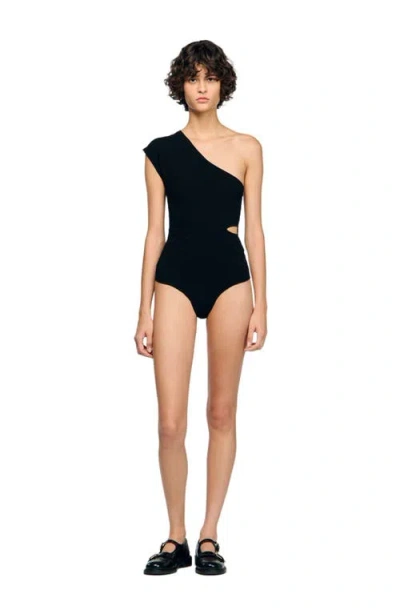 Sandro Asymmetric Knit Bodysuit In Black