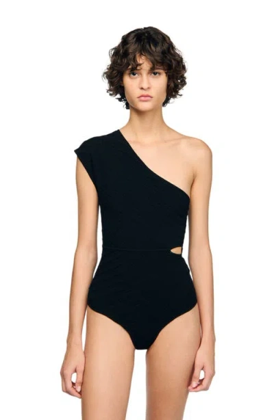 Sandro Asymmetric Knit Bodysuit In Black