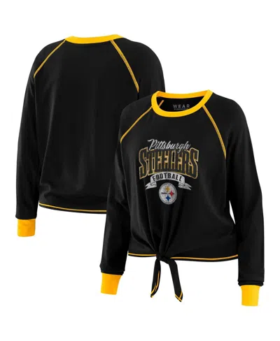 Wear By Erin Andrews Women's Black/gold Pittsburgh Steelers Tie-front Long Sleeve Top In Black